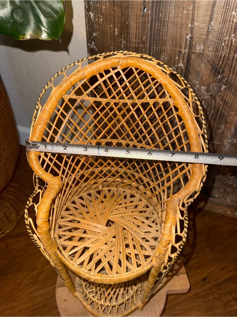 Vtg Peacock Fan Back Rattan Chair 13.5” Plant Stand Wicker Boho